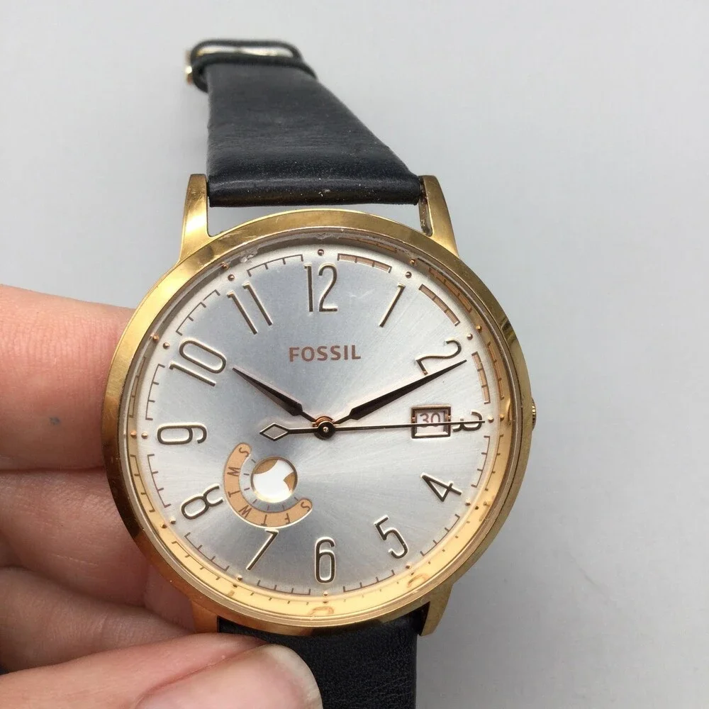 Fossil ES3751 Womens Watch 40mm Silver Gold Tone Black Leather Date New Battery